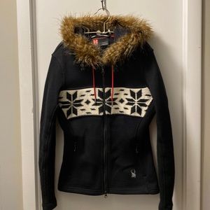 Spider Sweater Black Zip Up Faux Fur Hoodie Medium